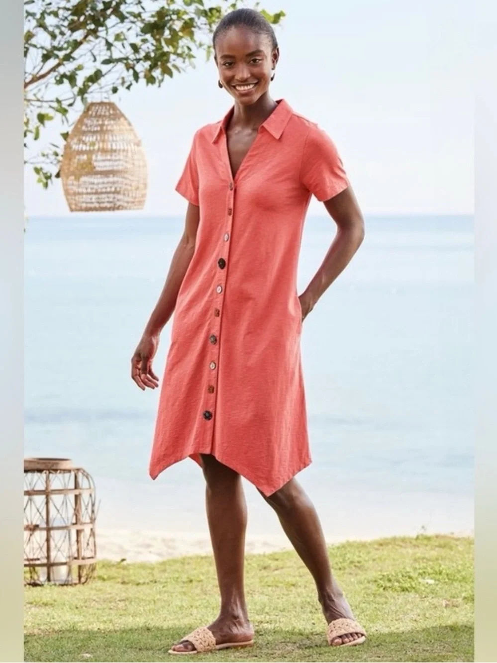 Soft Surroundings Coral Button-Front Midi Dress - Picture 6 of 9
